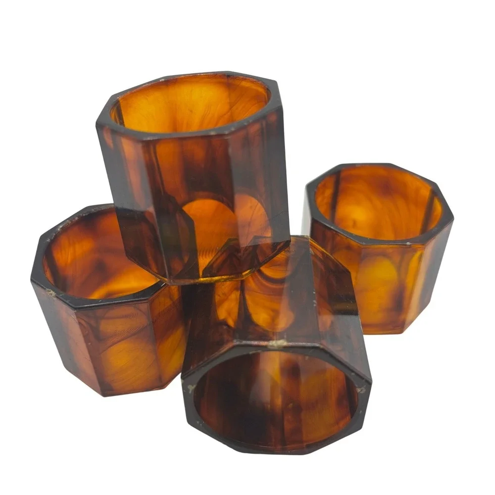 Vintage Napkin Rings Tortoise Shell Faux Amber Lucite Octagon Set of 4
